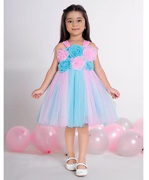Ministitch Net Woven Sleeveless Pearls Embellished Floral Applique Detailed Dress - Blue