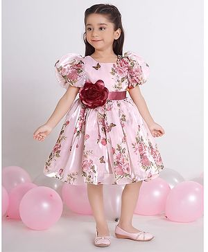 Ministitch Organza Woven Half Puffed Sleeeves Floral Printed Dress - Peach