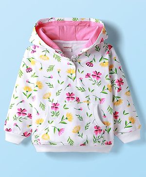 Babyhug Cotton Knit Full Sleeves Hooded Sweatshirt With Floral Print & Kangaroo Pockets - White