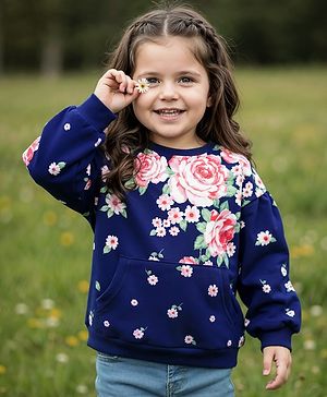 Babyhug Cotton Knit Full Sleeves Pullover Sweatshirt with Floral Print - Navy Blue
