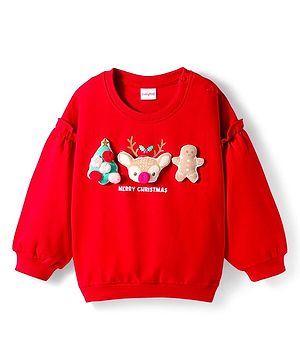Babyhug Cotton Knit Full Sleeves Sweatshirt With Animal Applique & Text Print - Red