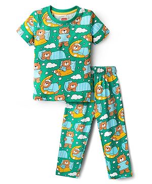 Babyhug Cotton Knit Half Sleeves Co-Ord Night Suit with Bear Print - Green