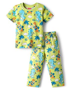 Babyhug Cotton Knit Half Sleeves Co-ords Night Suit with Dino Print - Light Green