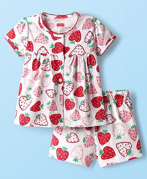 Babyhug Cotton Knit Half Sleeves Co-ords Shorts Night Suit with Heart Print - White