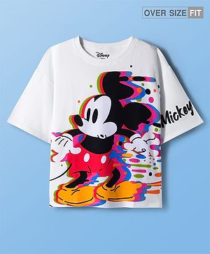 Pine Kids Disney Terry Knit Oversize Drop Shoulder Half Sleeves T-Shirt with Mickey Mouse Graphics - White