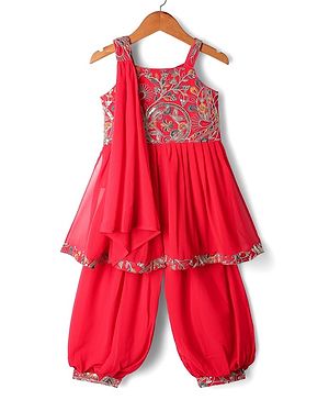 Babyhug Woven Sleeveless Embroidered Kurti & Patiala Set With Dupatta - Red