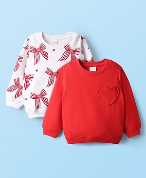 Babyhug Cotton Knit Full Sleeves Sweatshirts With Bow Print & Heart Applique - Red & White