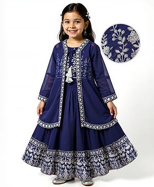 Babyhug Georgette Woven Three Fourth Sleeves Lehenga & Choli With Jacket Set Lace & Embroidery Detailing - Navy Blue