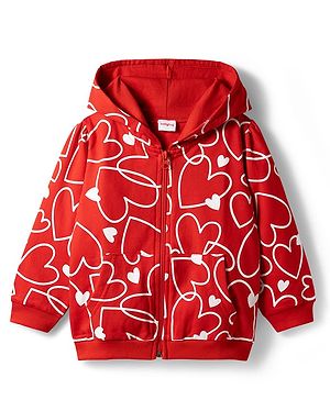 Babyhug Cotton Knit Full Sleeves Hooded Sweatjacket With Heart Print & Kangaroo Pockets - Red