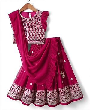 Babyhug Georgette Woven Frill Sleeves Lehenga Choli and Dupatta Set with Embroidery - Maroon