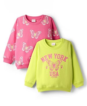 Babyhug Cotton Knit Full Sleeves Butterfly Printed Sweatshirts Pack of 2 - Light Green & Dark Pink