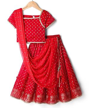 Babyhug Woven Half Sleeves Tierred Lehenga Choli & Dupatta Set with Foil Print & Lace Detailing - Red