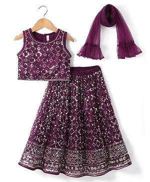 Babyhug Woven Sleeveless Lehenga Choli and Dupatta Set with Sequin Embroidery - Wine