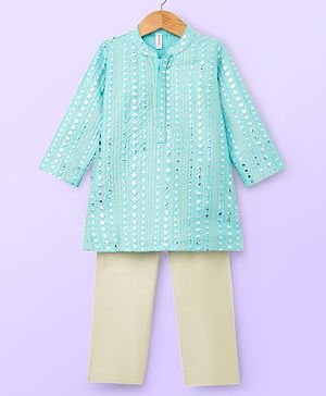Babyhug Woven Full Sleeves Kurta Pajama Set With Embriodery - Aqua
