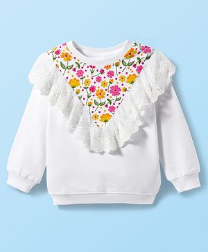 Babyhug Cotton Knit Full Sleeves Sweatshirt with Floral Print & Frill Detailing - White