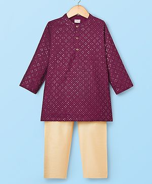 Babyhug Woven Full Sleeves Kurta Pajama Set with Embroidery & Sequin Detailing - Wine