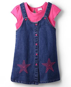 Babyhug Cotton Knit Half Sleeves Inner T-Shirt & Frock with Star Embroidery - Pink & Navy Blue