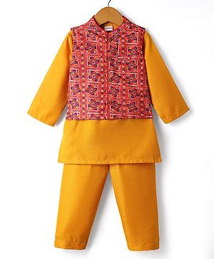 Babyhug Woven Full Sleeves Kurta Pajama With Printed Jacket - Mustard