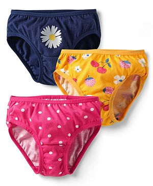 Babyhug 100% Cotton Knit Panties with Floral & Polka Dot Print Pack of 3 - Navy Blue & Pink