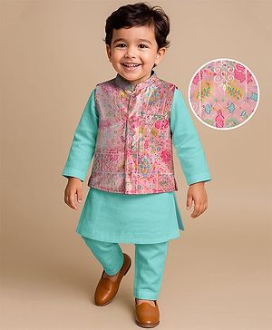 Babyhug Woven Full Sleeves Kurta Pajama Set with Jacket & Embroidery - Aqua Blue