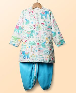 Babyhug Woven Full Sleeves Textured Kurta & Dhoti Set With Floral & Animal Print - White & Light Blue