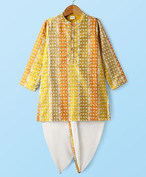 Babyhug Woven Full Sleeves Kurta Dhoti Set With Floral Print - Yellow