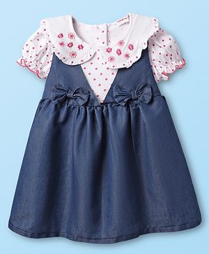 Babyhug Cotton Knit Half Sleeves Frock With Polka Dot Print & Floral Embroidery - Blue & White