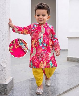 Babyhug 100% Cotton Woven Full Sleeves Floral Printed Kurta & Dhoti Set - Fuchsia & Green