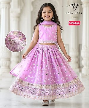 Babyhug Woven Sleeveless Choli with Lehenga and Dupatta Set With Floral Embroidery - Lavender