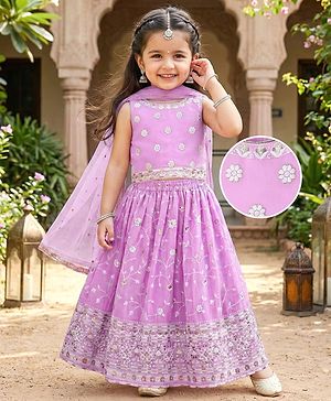 Babyhug Woven Sleeveless Choli with Lehenga and Dupatta Set With Floral Embroidery - Lavender