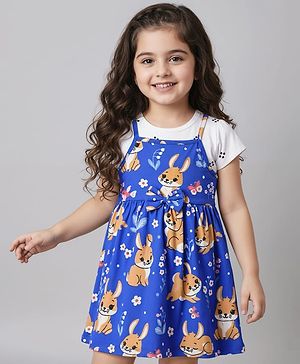 Babyhug Cotton Knit Half Sleeves Frock & T-Shirt with Animal Print & Bow Applique - Blue & White