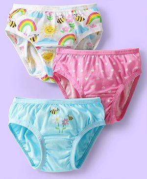 Babyhug 100% Cotton Knit Panties With Heart & Rainbow Print Pack of 3 - Pink Light Blue & White