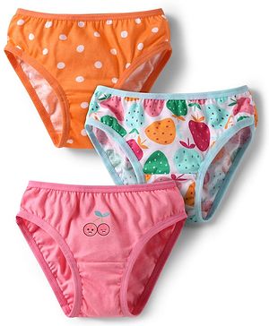 Babyhug 100% Cotton Knit Antibacterial Panties With Polka Dot & Tropical Theme Print Pack Of 3 - Orange Light Blue & Pink