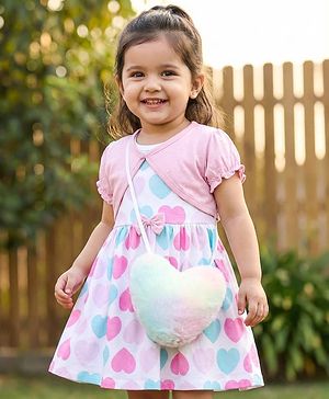 Babyhug Single Jersey Knit Half Sleeves Shrug with Frock with Heart Print Bow Applique & Sling Bag - Pink White & Light Blue