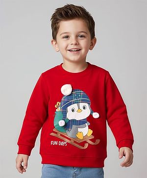Babyhug Cotton Knit Full Sleeves Sweatshirt with Pengu Graphics - Red