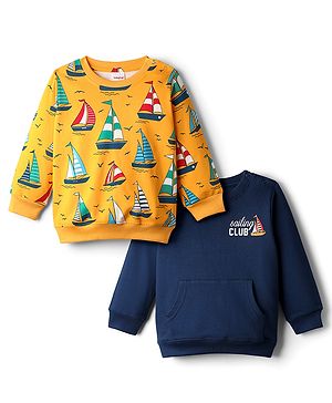 Babyhug Cotton Knit Full Sleeves Boat Printed Sweatshirts With Kangaroo Pockets Pack of 2 - Navy Blue & Yellow