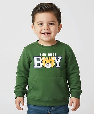 Babyhug Cotton Knit Full Sleeves Sweatshirt with Kangaroo Pockets Text Print & Animal Graphics - Green
