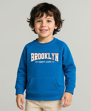 Babyhug Cotton Knit Full Raglan Sleeves Sweatshirt With Brooklyn Print & Kangaroo Pockets - Blue
