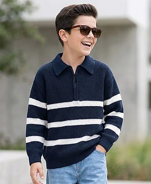 Pine Kids Knit Full Sleeves Pullover Sweater with Stripes - Navy Blue