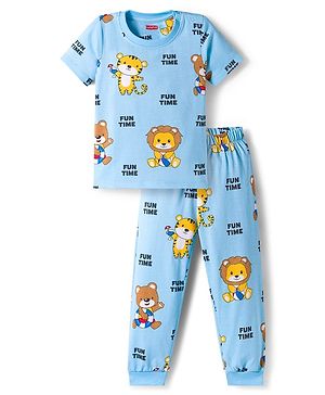 Babyhug Cotton Knit Half Sleeves Co-ords Night Suit with Animal Print - Light Blue