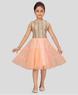 Aarika Net Woven Sleeveless Mirror Work Detailed Tiered Dress - Peach