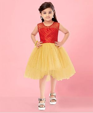 Aarika Net Woven Sleeveless Swiss Dot Designed & Glitter Printed High Low Dress - Red & Fawn