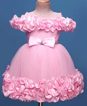 Bluebell Satin Woven Solid Coloured
                      Sleeveless Frock With Bow & Frill Detailing -
                      Pink