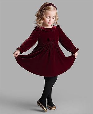 Bonfino Woven Full Sleeves Solid Color Peter Pan Collar Valour Party Dress with Stockings & Bow Applique - Maroon
