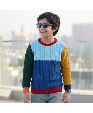 Pine Kids Knit Full Sleeves Colour Block Pullover Sweater With Cable Knit Design - Multi Colour
