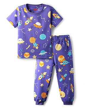 Babyhug Cotton Knit Half Sleeves Co-ords Night Suit With Space Theme Print - Purple