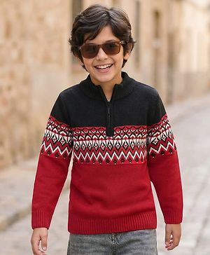 Pine Kids Knit Full Sleeves Pullover Sweater with Chevron Design - Red