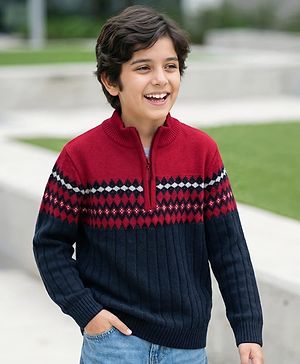 Pine Kids Knit Full Sleeves Pullover Sweater with Aztec Design - Red & Navy Blue
