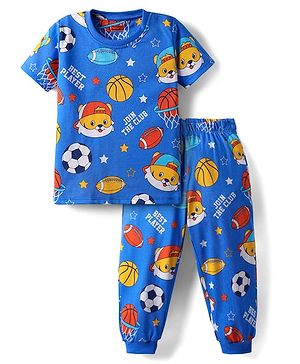 Babyhug Cotton Knit Half Sleeves Co-ords Night Suit With Football Print - Blue