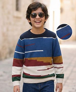 Pine Kids Knit Full Sleeves Pullover Sweater With Colour Block Design - Multi Colour
